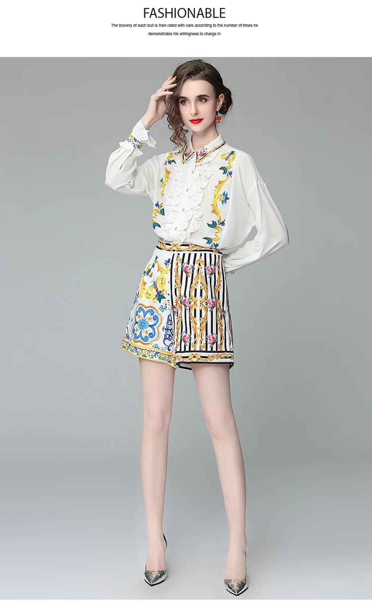 Banulin Summer Runway Flower Print Two-piece Set Women Flare Sleeve Ruffles Shirt Top and Stripe Pocket Shorts Suits Set N56608
