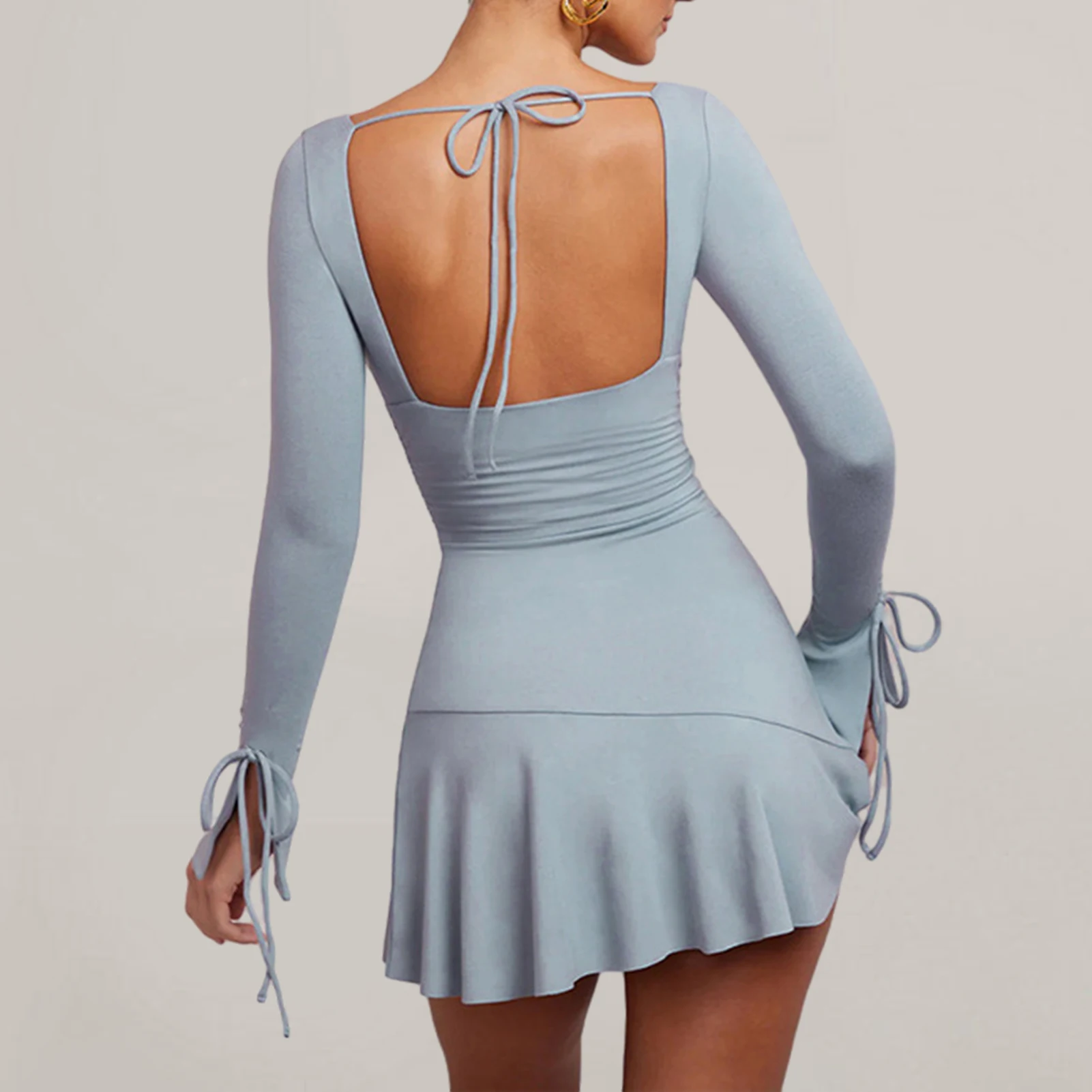 Women Bell Sleeve Dress Skinny Tie Up Mini Dress Pullover Bodycon Short Dress Sexy Backless Dress Party Club Dress