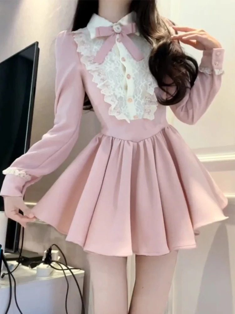 French retro pure lust sweet pink dress women autumn Japanese large size fashionable lady style waist-cinching puffy skirt chic