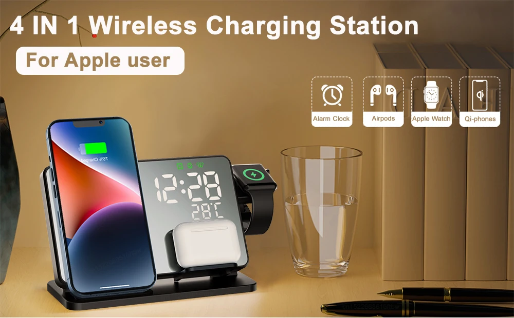 Description Picture 2 of item3 in 1 Wireless Charger For iPhone 14 13 12 Pro Max Fast Charging  Station For Apple Watch 8 7 Chargers Stand With Alarm Clock