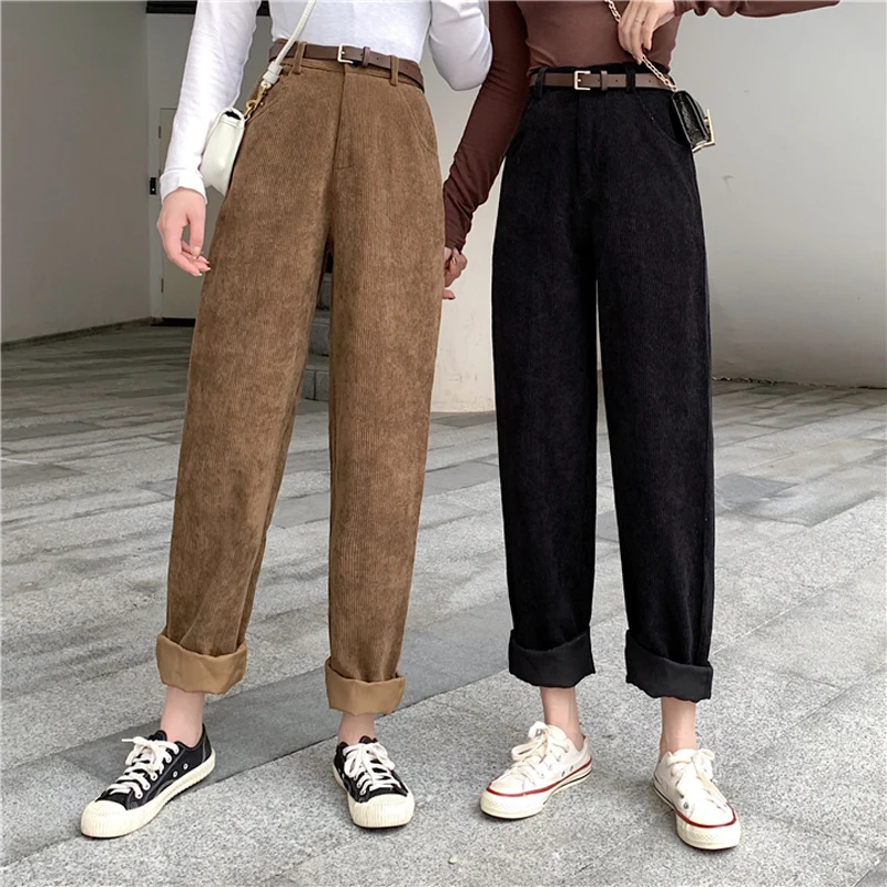 Description Picture 6 of itemZoki High Waist Corduroy Pants Fashion Belt Autumn Wide Leg Full Pants Spring Korean Pure Cotton Black Streetwear Ladies Trouser