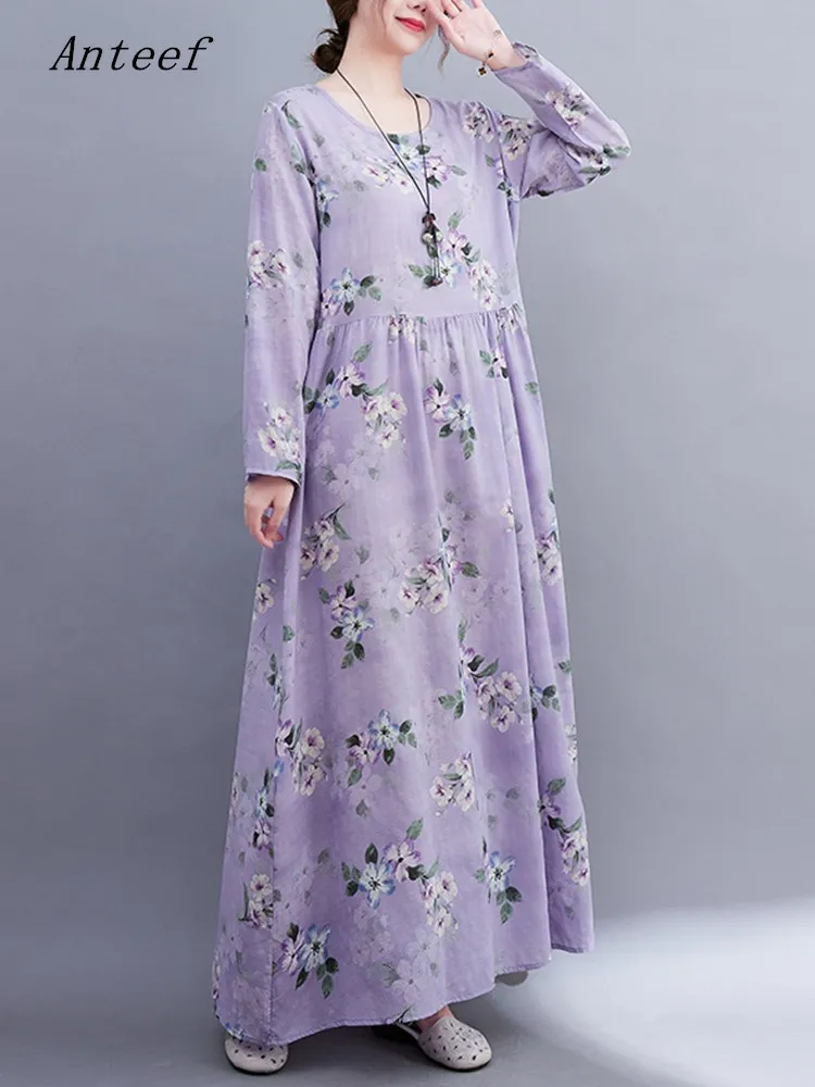 long sleeve oversized cotton vintage floral dresses for women casual loose spring summer autumn dress elegant clothing 2023