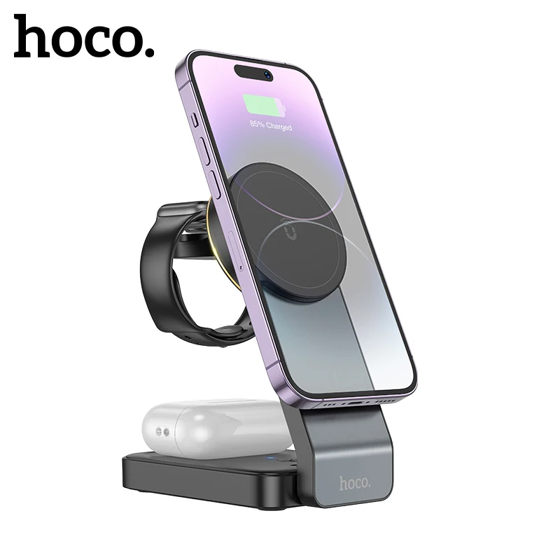 HOCO 3 in 1 Qi Foldable Magnetic Wireless Fast Charger Dock Station For iPhone 12 13 14Charger Holder For Watch 1-8 SE/SE2 Ultra
