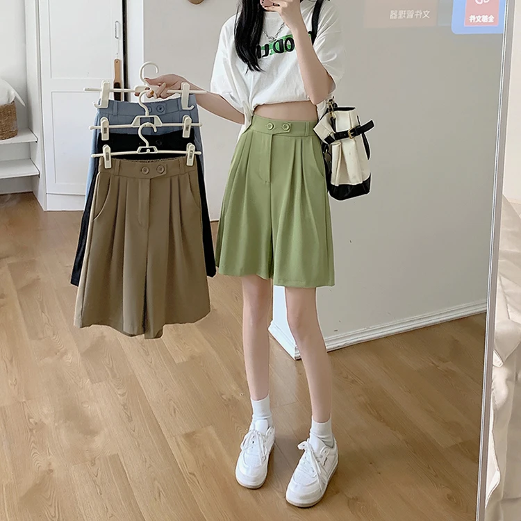 Description Picture 4 of itemS-4XL Women's Summer Shorts Elastic Waist Korean Chic Suit Pants Woman Casual Green Khaki Wide Leg Short Pants Female