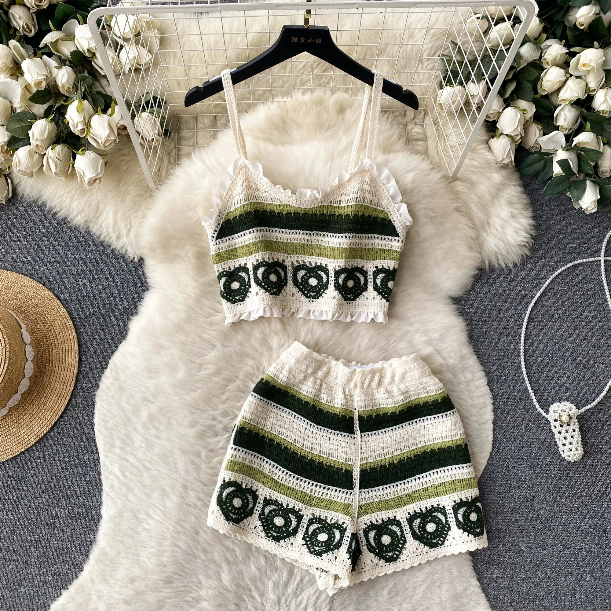 Description Picture 4 of itemSINGREINY Fashion Vacation Casual Two Pieces Women Short Camisole+ Hollow Out Wide Leg Shorts Sets Summer 2023 Knit Beach Suit