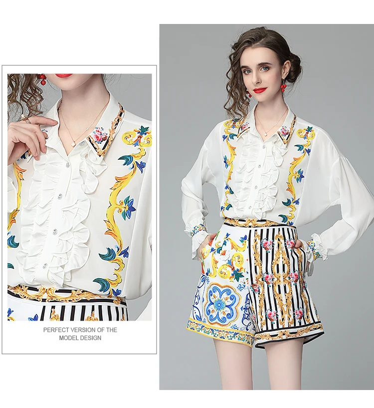 Banulin Summer Runway Flower Print Two-piece Set Women Flare Sleeve Ruffles Shirt Top and Stripe Pocket Shorts Suits Set N56608
