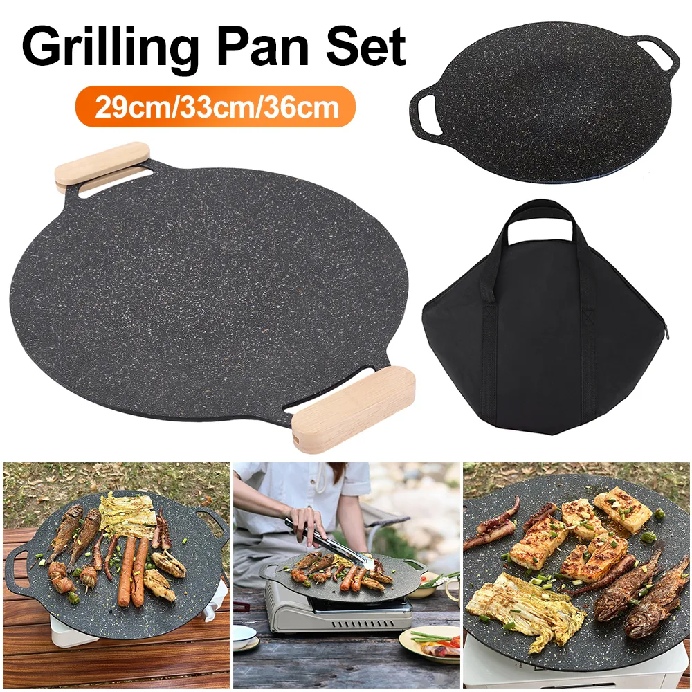 Baking Tray Non-stick BBQ Grill Pan Induction Cooker Round Anti Scald Pan Handle Pan Storage Bag for Camping Household Tools