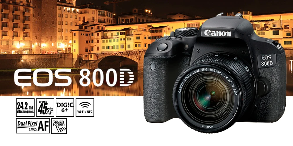 Iconic Brand EOS 800D APS-C frame DSLR camera 45 point focusing system, full pixel dual core focusing, electronic five axis anti shake