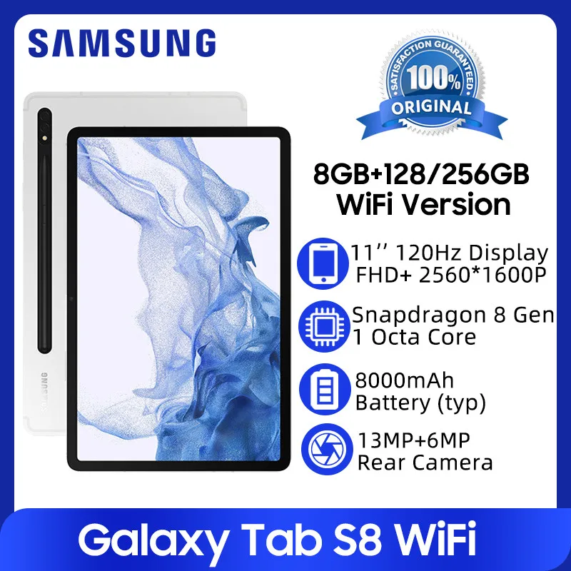 Samsung Galaxy Tab S8 Tablets 11'' 120Hz LCD Display 8GB 128GB Snapdragon 8 Gen 1 Octa Core 8000mAh Battery Android Tablet