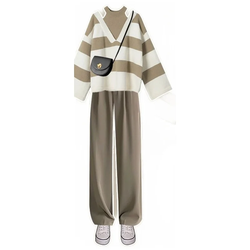 Description Picture 3 of itemWomen's Suits Khaki Fake Two-piece Loose Striped Sweater Wide Leg Trousers New Port Style Gentle Wear Two-piece Women's Clothing
