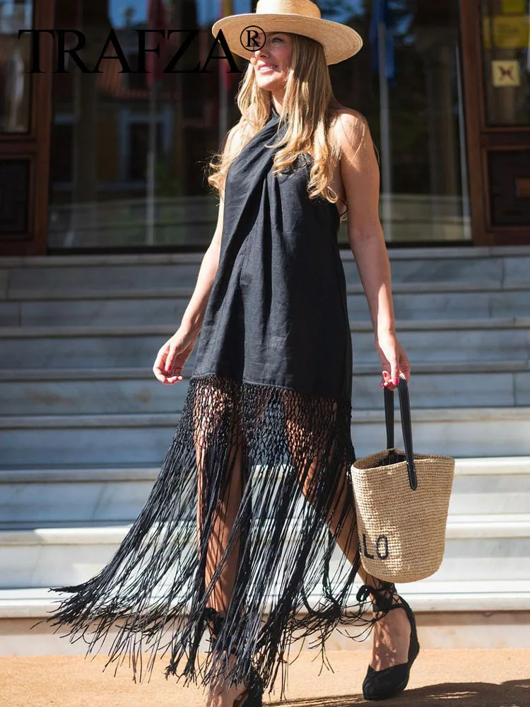 TRAFZA Summer Sexy New Halter Dress Women Black Tassel Backless Sleeveless Female Chic Dresses Fashion Beach Long Lady Vestidos
