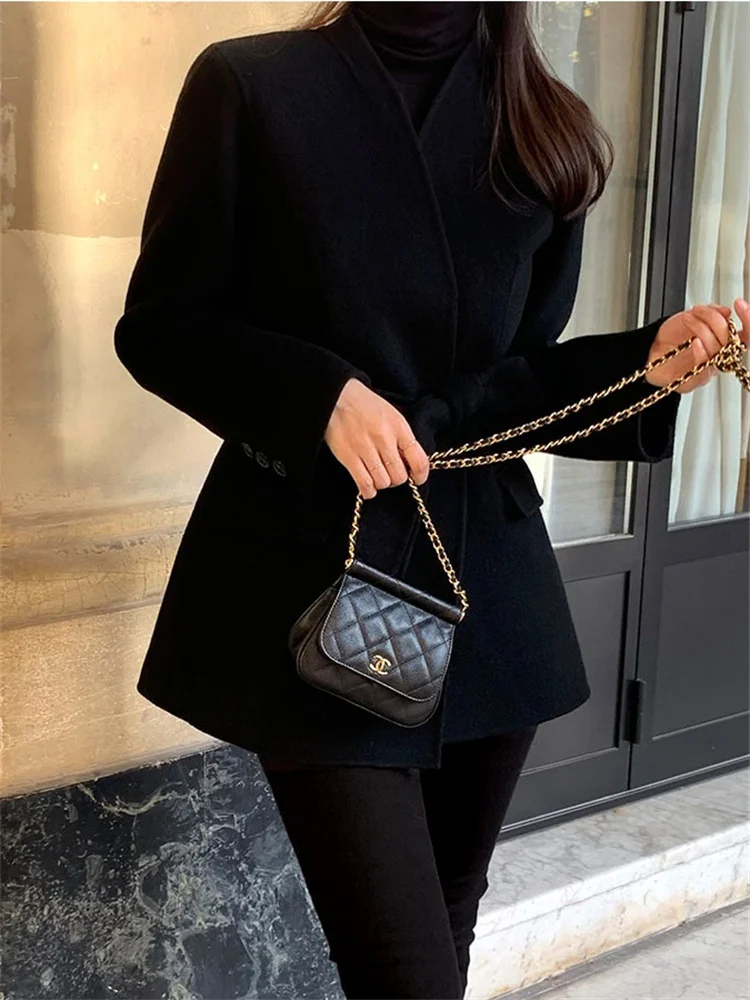 Description Picture 6 of itemSyiwidii French Vintage Wool Jacket for Women Fall Winter 2203 New Elegant Long Sleeve V Neck Bandage Chic Warm Casual Coats