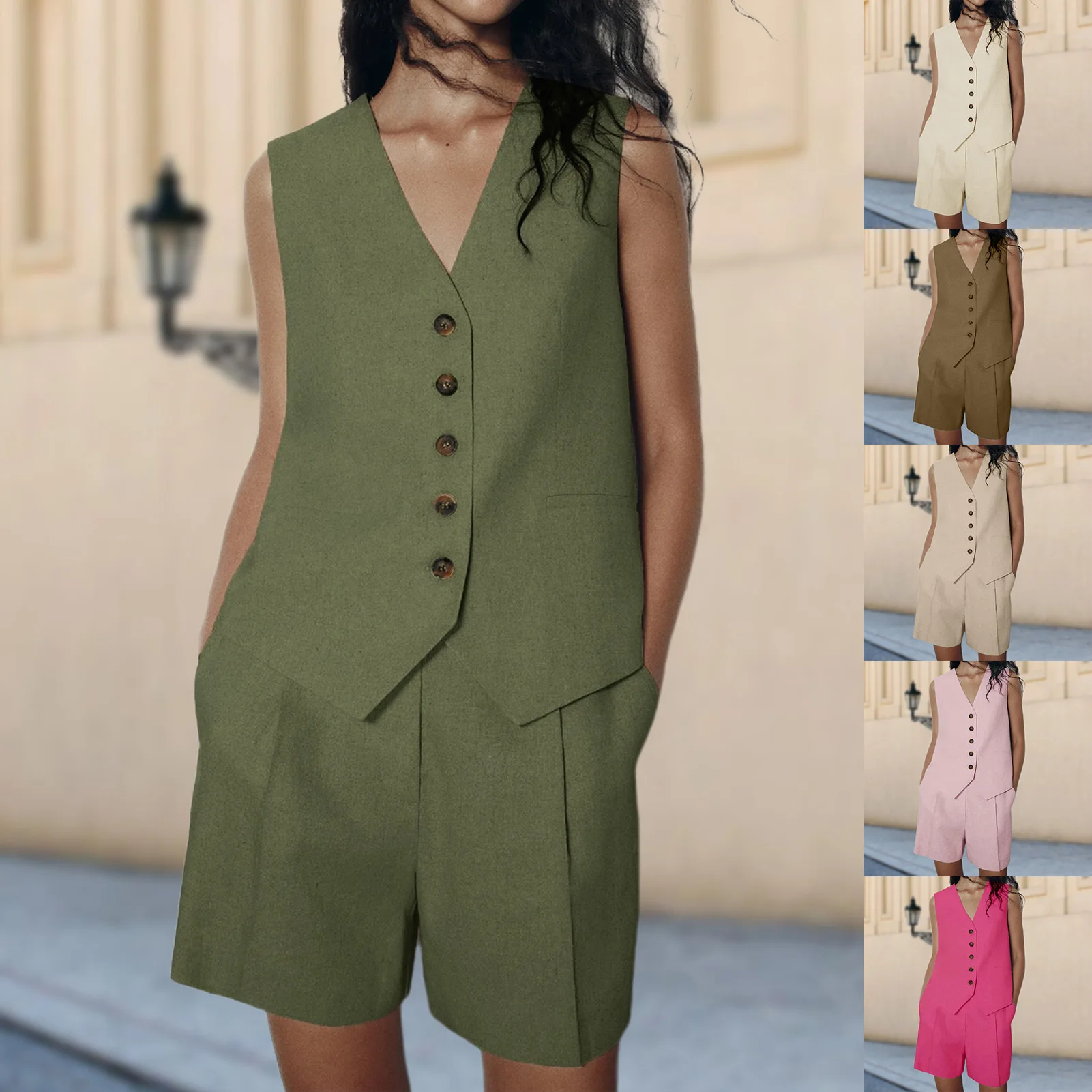 Women 2 Piece Fashion Outfit Comfy Button Vest & High Waist Short Cozy Solid Color Slim Fit Daily Commuting Suit