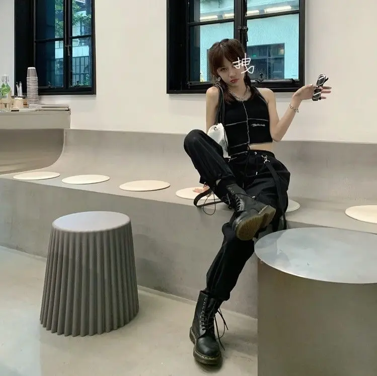 Description Picture 3 of itemHarajuku Spring Summer Cargo Pants Women Streetwear Black Elastic Waist Casual Ankle Length Women's Pants