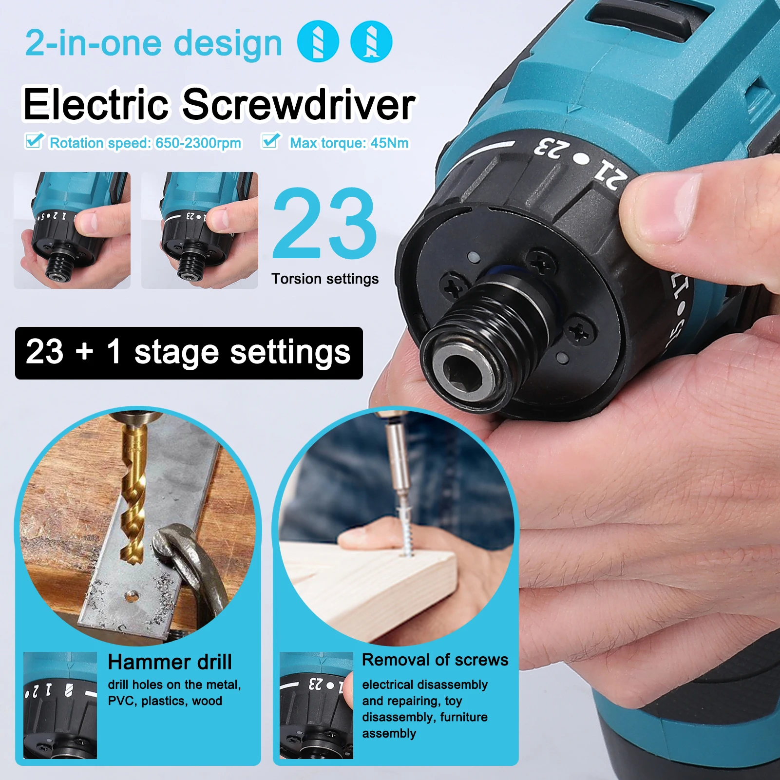 Description Picture 6 of item18V Lithium Screwdriver 45Nm Torque Adjustable 2 Speed Control Brushless Motor Impact Electric Screw Driver For Home Appliances