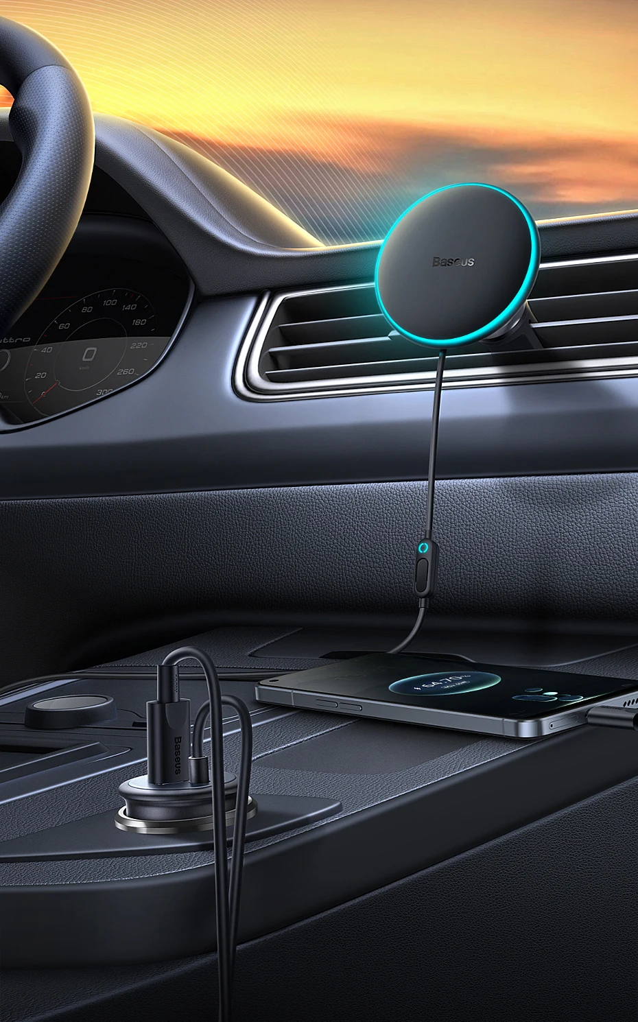 Description Picture 2 of itemBaseus 15W Fast Charging Car Charger Holder Magnetic Car Phone Holder Wireless Charger For iPhone 15 14 13 Pro Max Light Effect