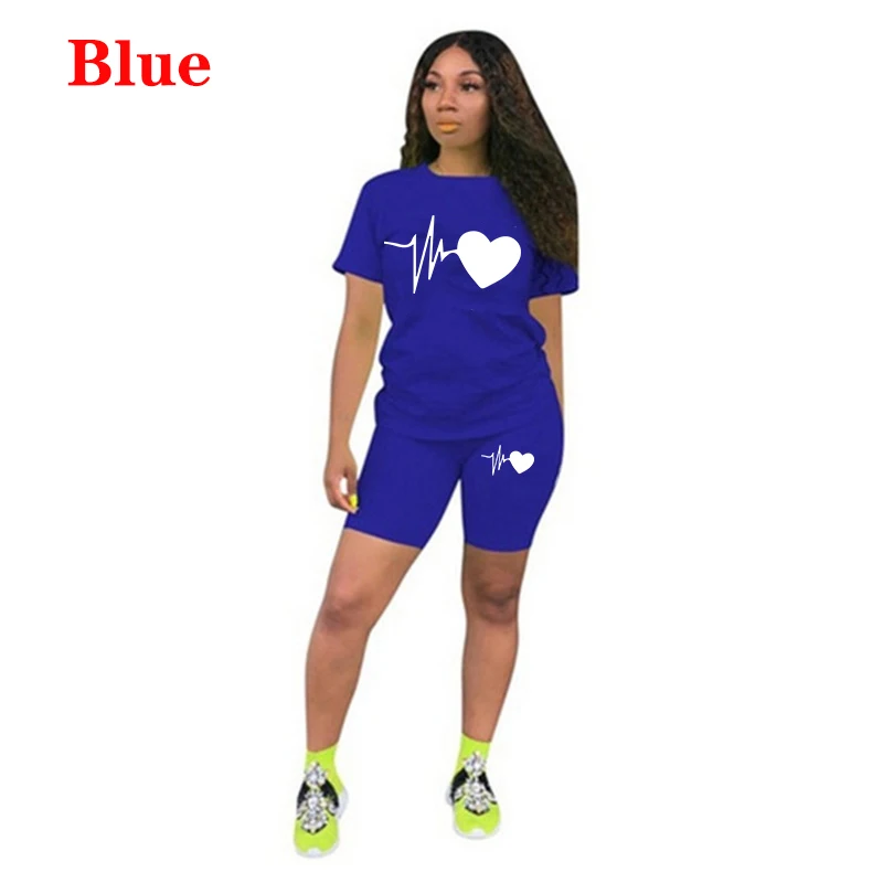Summer New Women Fashion Solid Color Print 2 Piece Sets Casual Sports Suit Short Sleeve T-shirt + Shorts S-3XL