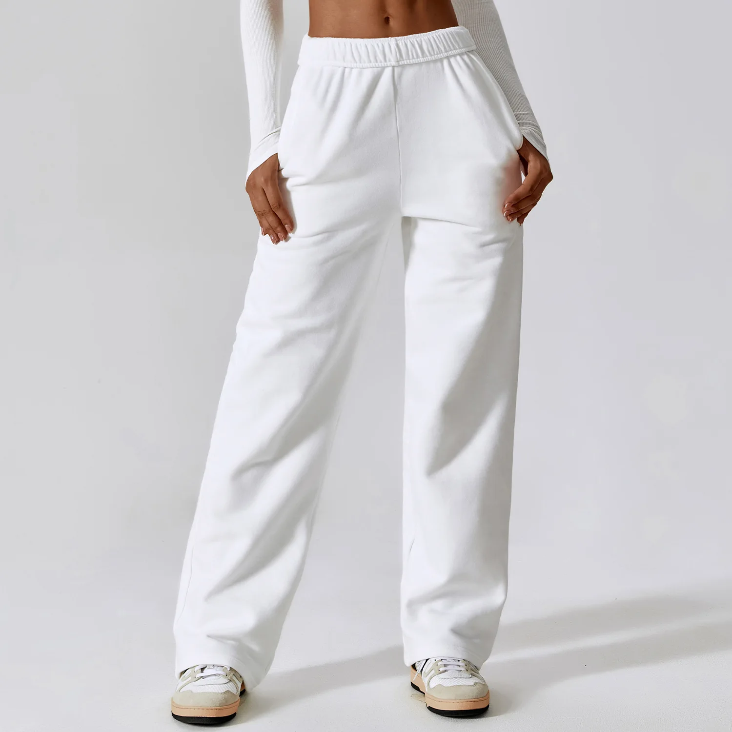 Autumn Joggers Sweatpants Fleece Thicken Straight Wide Leg Pants Women Vintage Solid Casual Soft Trousers Streetwear 2023