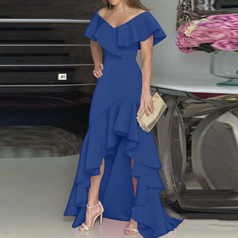 Description Picture 5 of itemElegant Ruffled Irregular Maxi Evening Dress Sexy V-neck High Waist Spring Summer Dress Solid Slim Ladies Party Dresses Vestidos