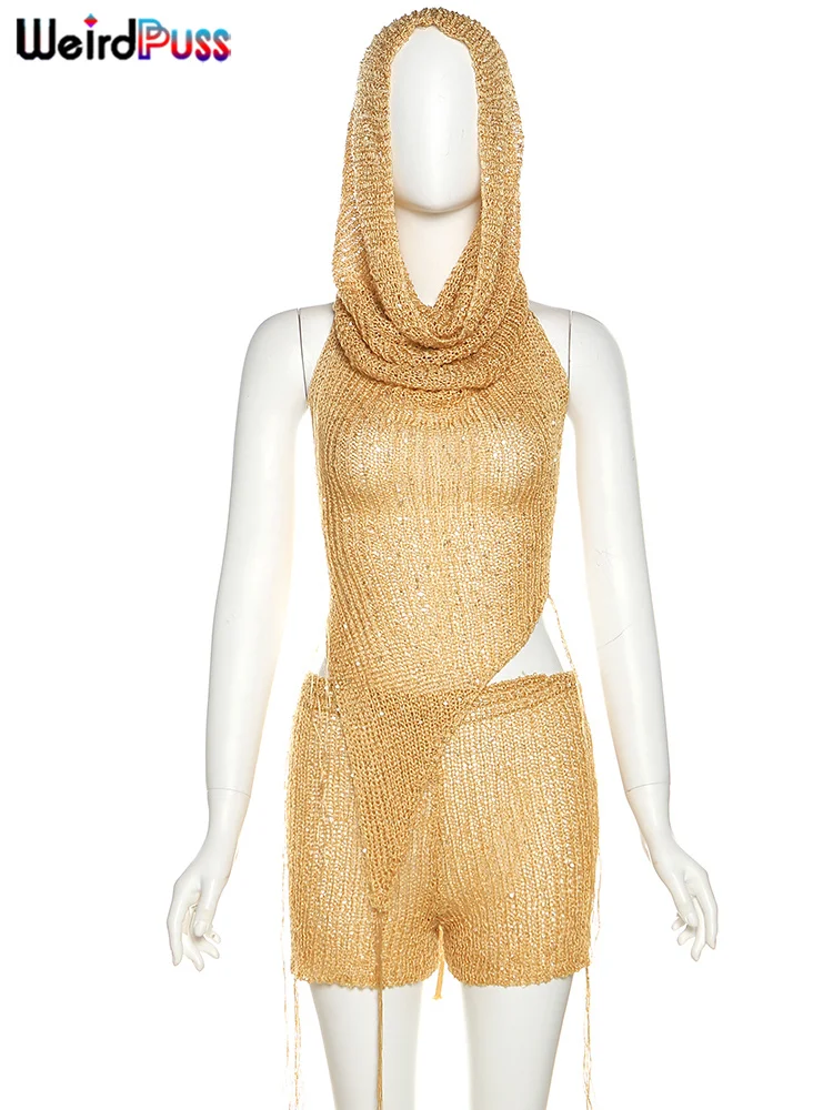 Description Picture 3 of itemWeird Puss Sexy Sequins Women 2Piece Set Summer Hipster Hooded Bandage Backless Hollow Tank Tops+Shorts Vacation Club Outfits
