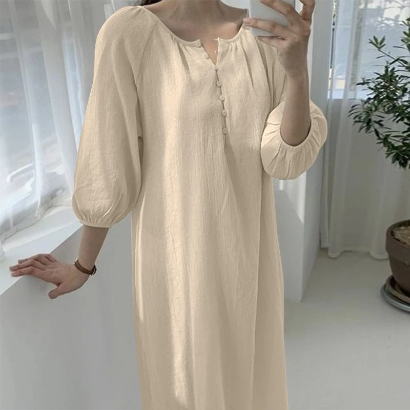 Description Picture 6 of itemCasual Loose Dresses Women 3/4 Sleeve Long Dress 2023 Spring Fashion Round Neck Vestidos ZANZEA Holiday Solid Color Midi Robes