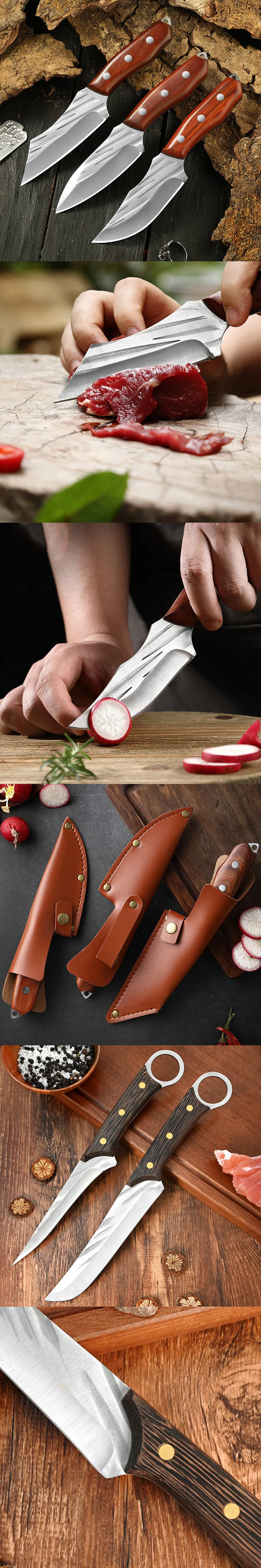 Description Picture 3 of itemBoning Knife Chef Knive Sharp Full-Tang Fishing Meat Cleaver for Hunting Knife Rivet Fixing Wood Curved Handle Knife With Sheath