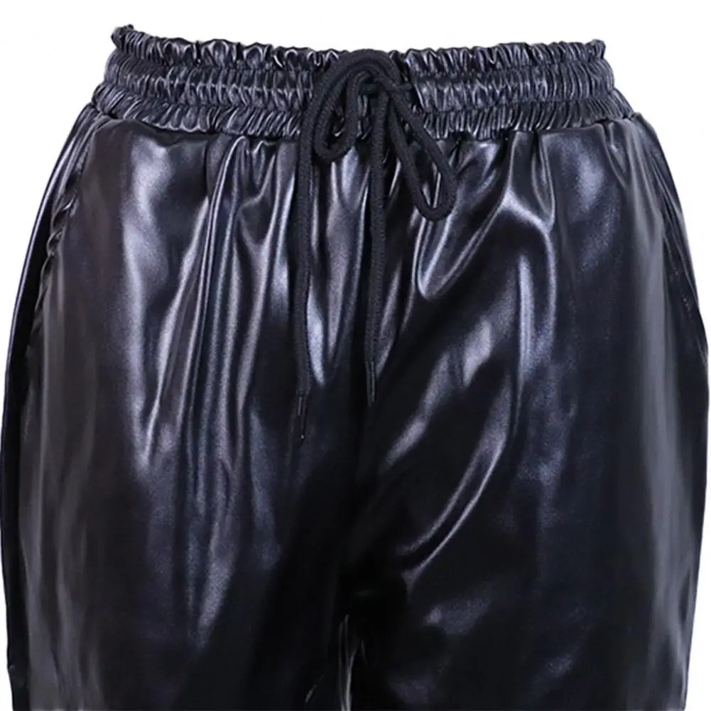 High Waist Drawstring Slant Pockets Faux Leather Harem Pants Woman Loose Fit Elastic Waist Simple Casual Trousers Streetwear