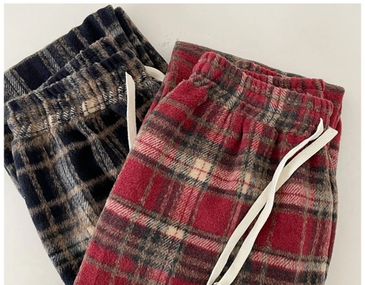 Description Picture 2 of itemHOUZHOU Vintage Plaid Pants Women Wide Leg Harajuku Korean Style Red Checked Trousers Y2k Streetwear Classic Pants Warm Winter