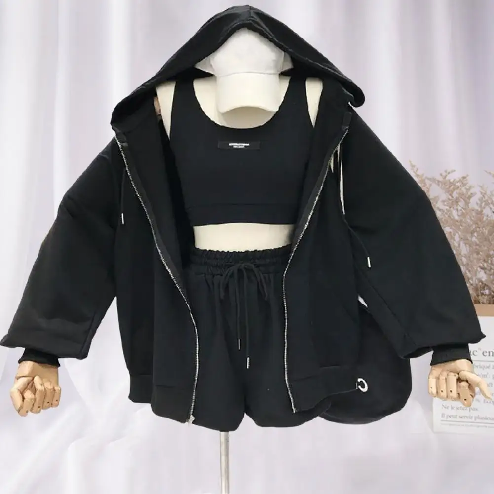 Description Picture 6 of item1 Set Casual Three Pieces Women Coat Drawstring Shorts Vest Set Breathable Women Hoodie Pocket Design Zipper Closure for Female