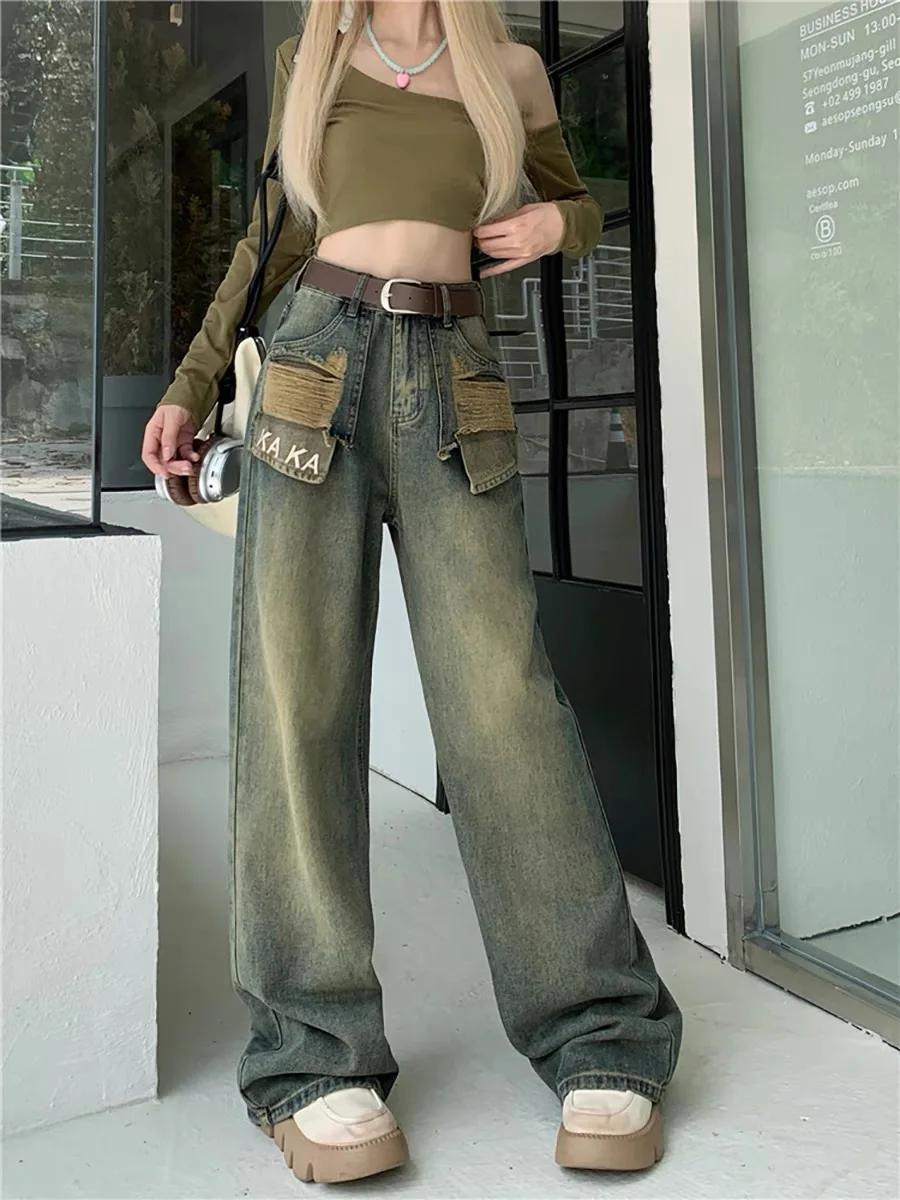 Description Picture 5 of itemJielur Vintage Holes Irregular Slim Women's Jeans Chic Pockets High Waist Loose Fashion Female Streetwear Y2k Wide Leg Pants