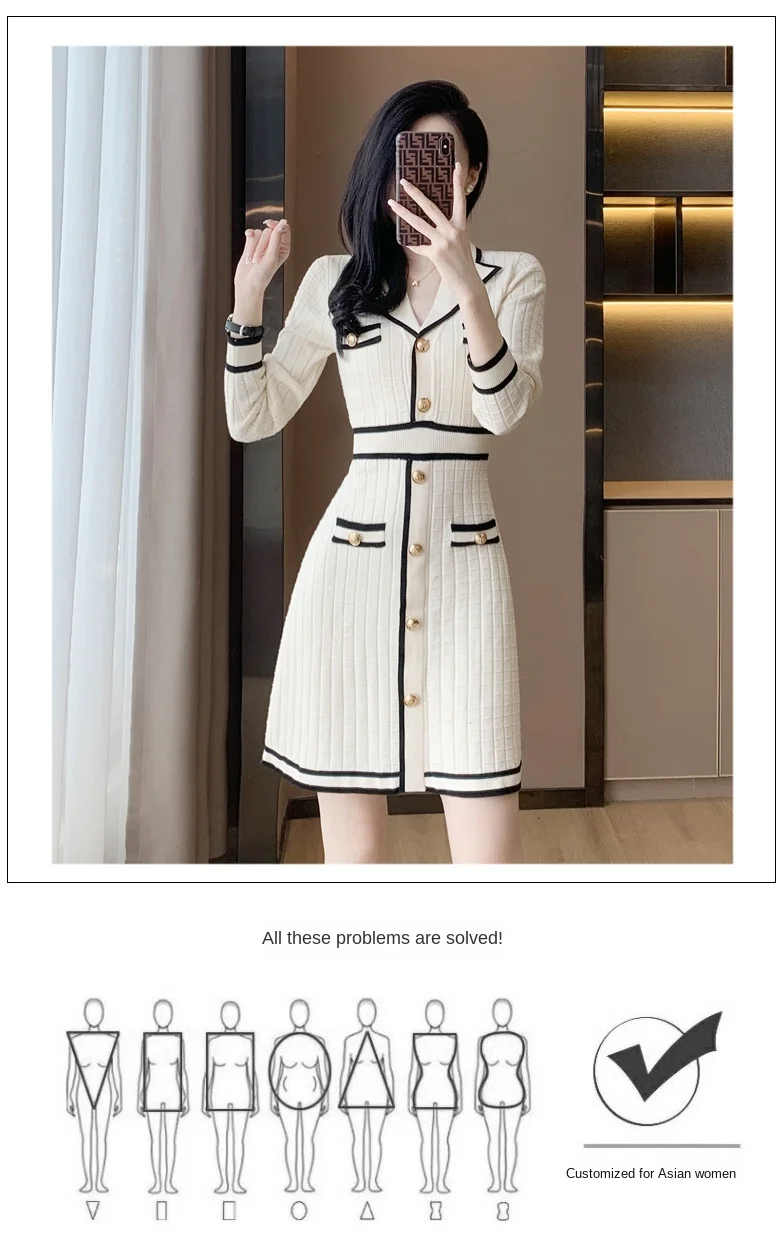 Description Picture 5 of itemWhite Dress Little Fragrance Temperament Celebrity Waist A Sweater Knitted Contrast Color Long Sleeve Slim Fit V-Neck Dress