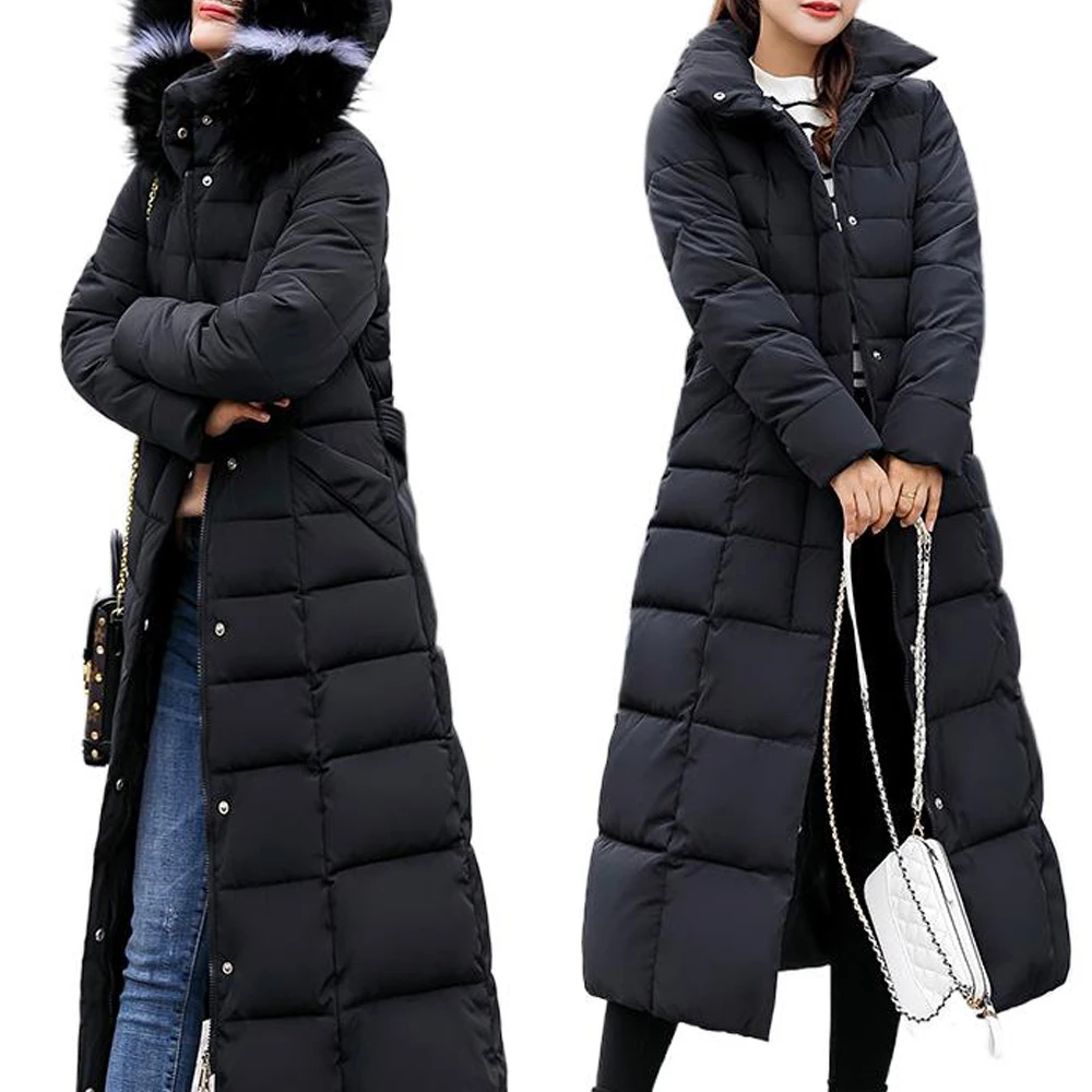 Description Picture 3 of itemCotton-Padded Coat Warm Winter Clothes Women Fur Hooded Pockets Puffer Jacket Sashes Long Bubble Coats Casual Slim Black Parkas