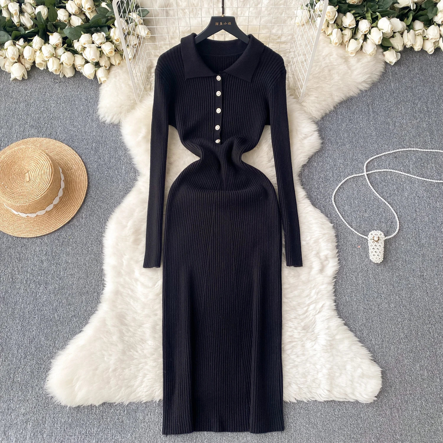 Description Picture 4 of itemSINGREINY Lapel Knit Long Dress Elegant Long Sleeve Button Elastic Waist Solid Fashion Ladies Casual Ribbed Sweater Dresses