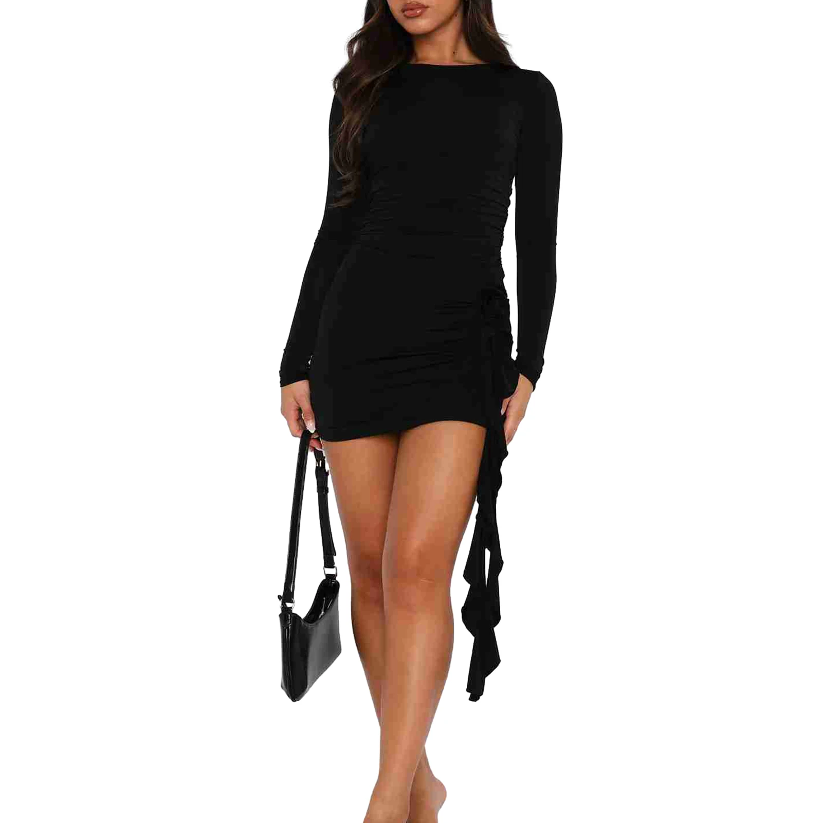 3D Flower Ruffle Edge Dress Crew Neck Women Long Sleeve Dress Slim Fit Bodycon Dress Spicy Girl Solid Color Vacation Outfit