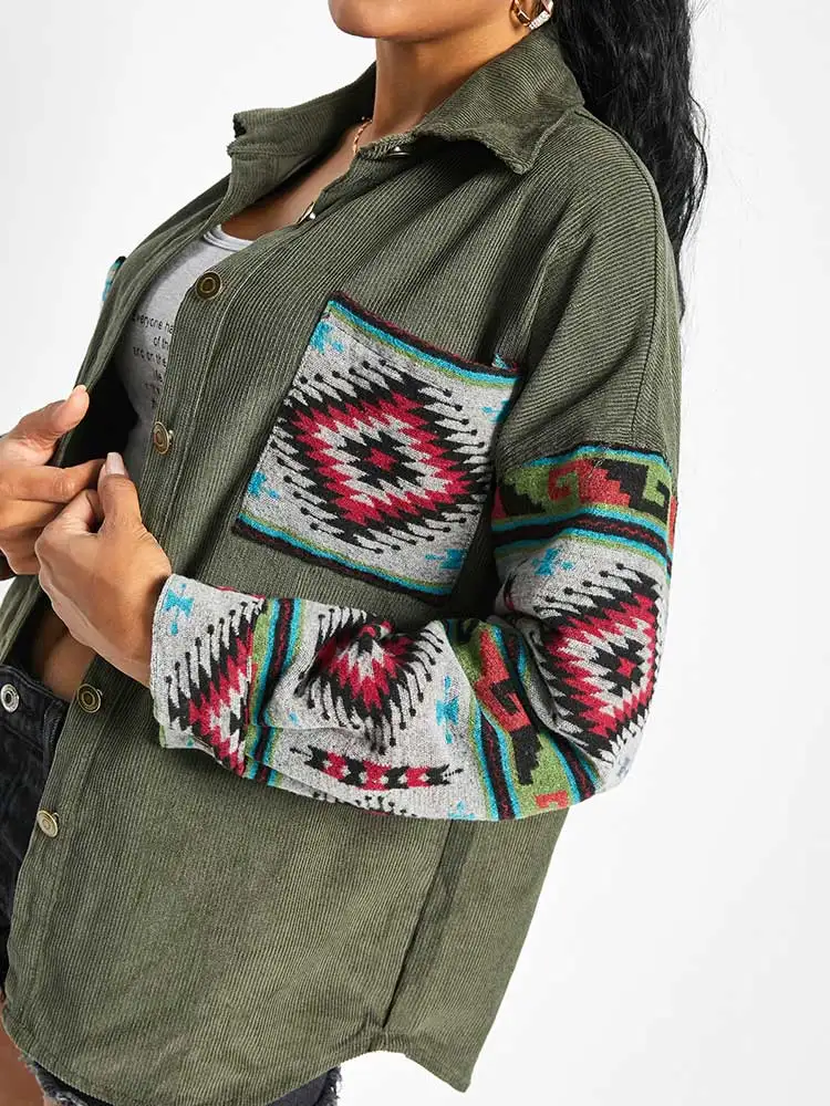 Description Picture 5 of itemZAFUL Jacket for Women Corduroy Long Sleeves Shacket Ethnic Aztec Print Shirt Jackets Fall Winter Streetwear Outerwear NEW