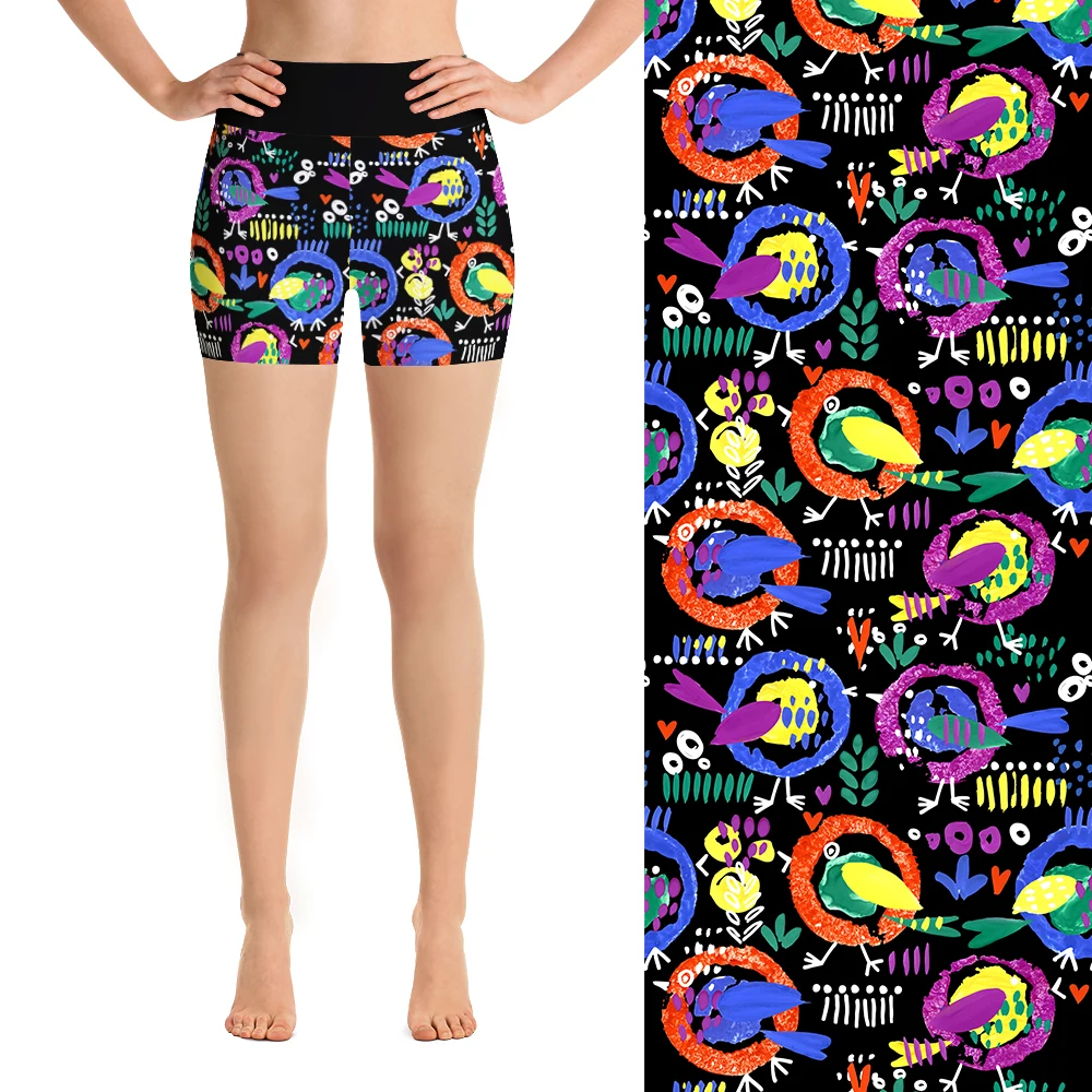 Description Picture 5 of itemLETSFIND Women's Shorts Pants New Cartoon Birds and Leaves Pattern Print High Waist Sexy Elasticity Fitness Leggings