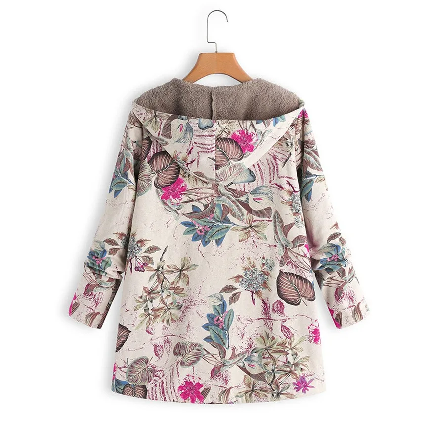 Description Picture 6 of itemPrinted Hooded Long Sleeve Coat Oversized Vintage Women Autumn Winter Warm Plush Jacket Casual Ladies Clothes