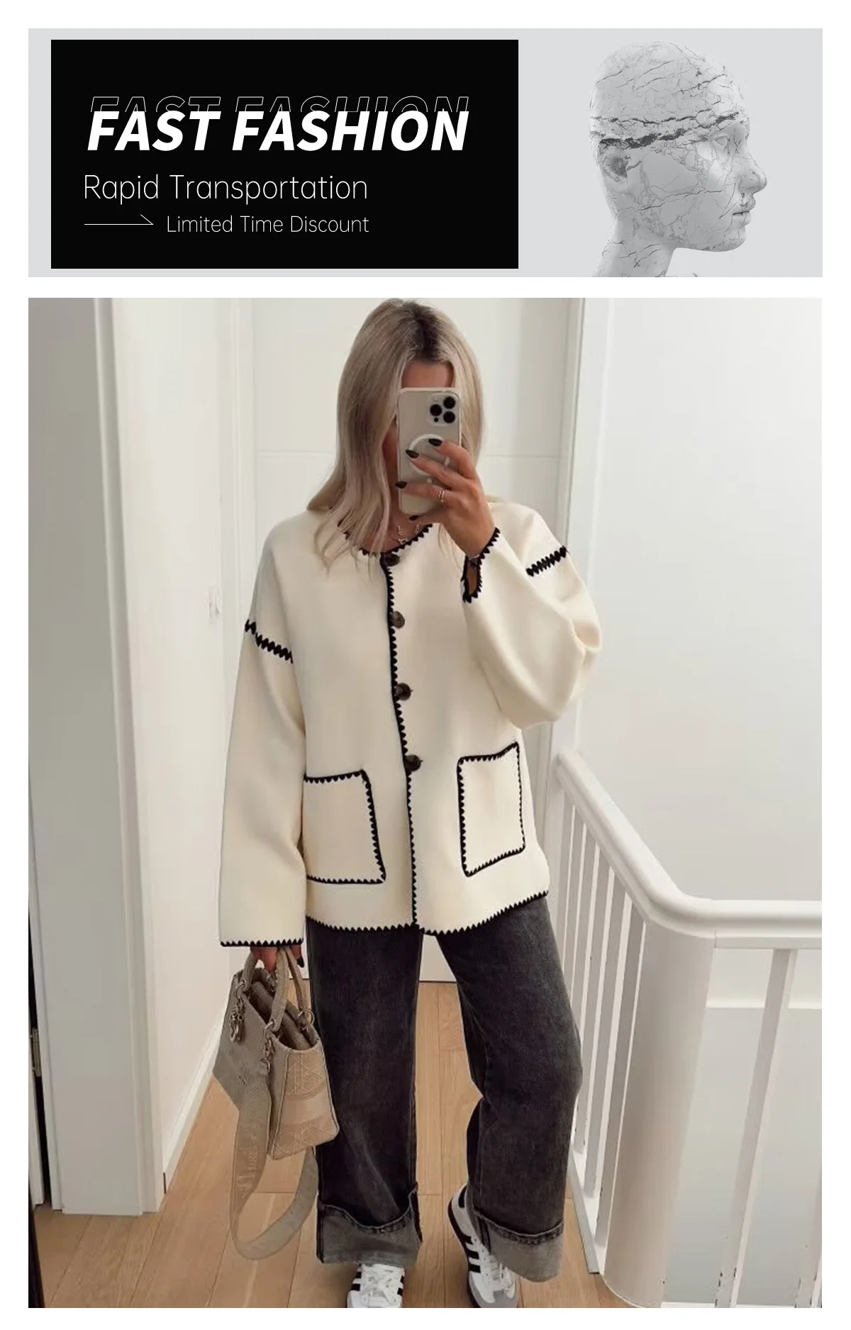 Description Picture 4 of itemUNIZERA2023 High Quality Autumn/Winter New Fashion Versatile Small Three Color Contrast Ni Coat