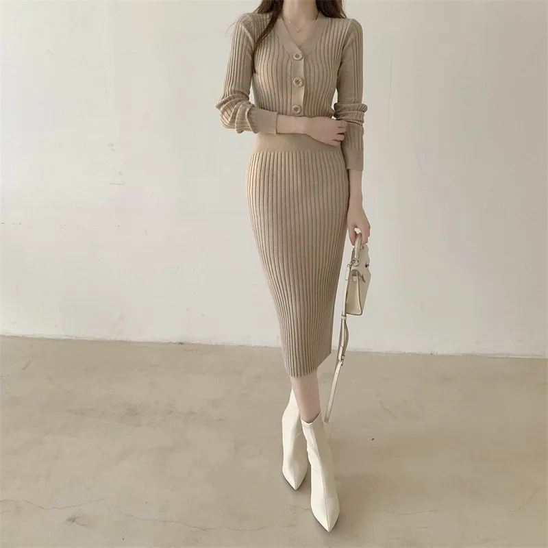 Description Picture 6 of itemDress for Women Skirt Slim Sexy New Feminine Style Waist Thickening Knitted Mid Length Slim Fit Underlay V-neck Sweater Dress