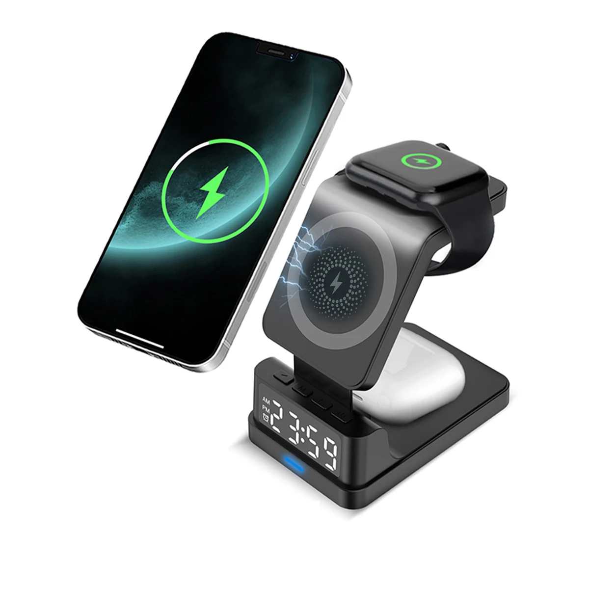 Description Picture 2 of itemThe new 15W 3-in-1 magnetic wireless Apple Watch AirPods LED digital alarm charging stand is suitable for iPhone15 14 13 12