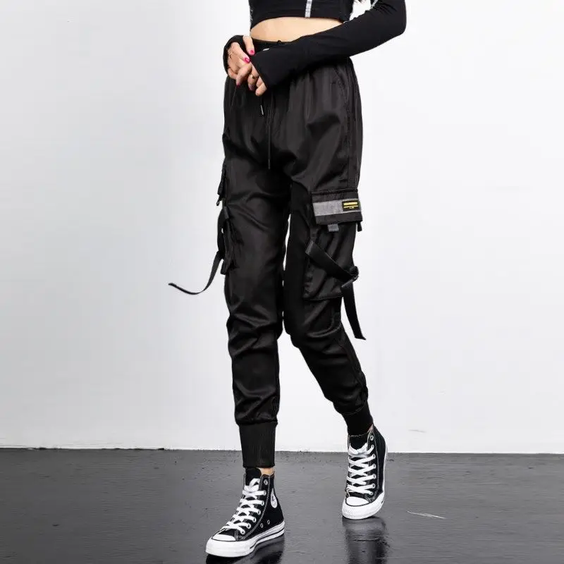 Description Picture 2 of itemWomen Fashion Streetwear Cargo Pants Black Ankle Length Elastic Waist Joggers Female Loose Trousers Casual Women Harem Pants