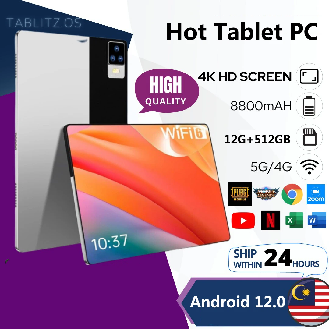 2024 New 10.1 Inch Global Version Tablet PC Android 12.0 12G+512GB Tablet Support ZOOM Google Meet 4G Network Wifi Tablet Pc