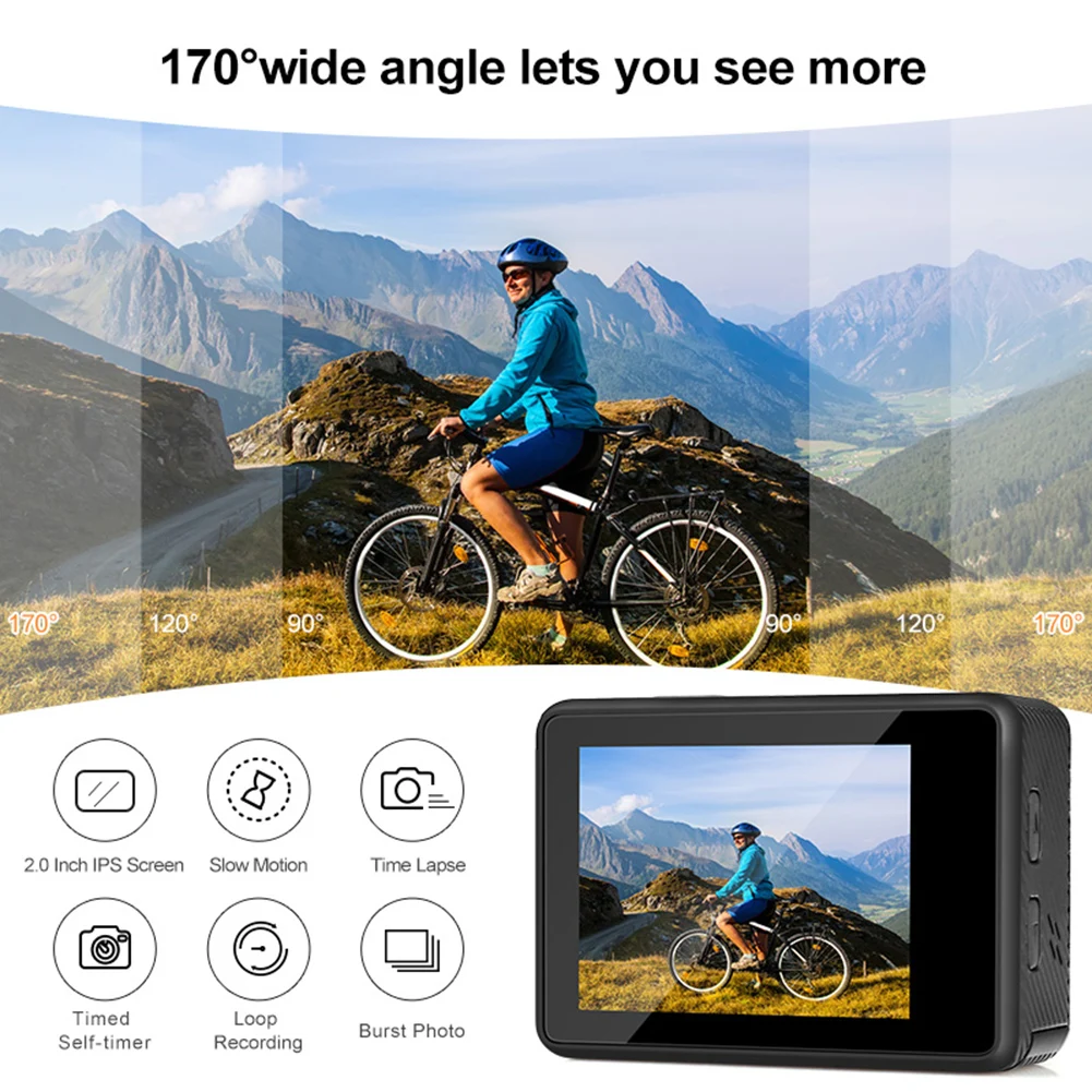 WIFI Motion Camera Waterproof 4K 60FPS Digital Video Camera EIS 16MP Dual IPS Screen for Diving Motorcycle Rides