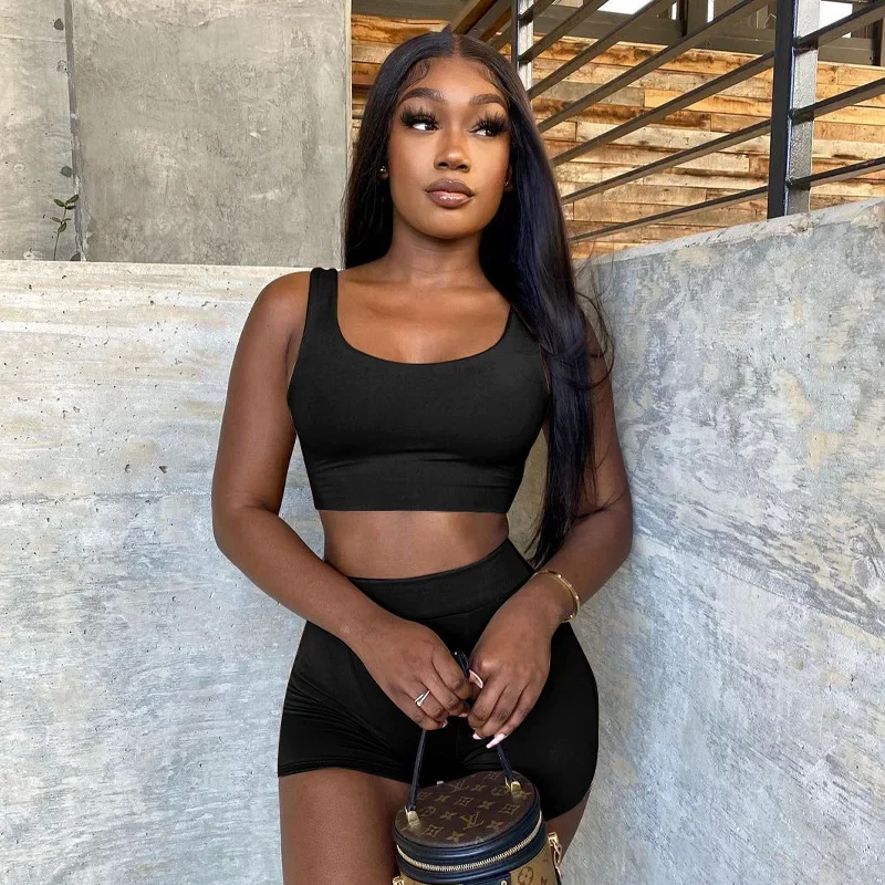 Description Picture 4 of itemBlack Short Sets Womens Outfits Spring Summer Sleeveless Tank Tops Hip Lift Shorts Sportswear Two Piece Sets Fashion Streetwear