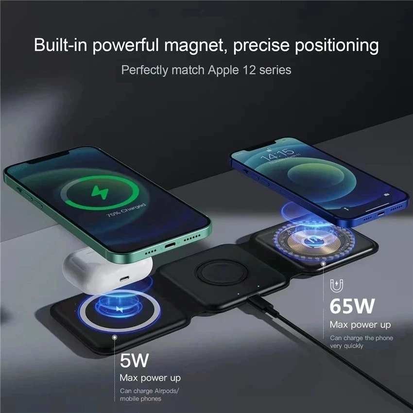 100W 3 in 1 Wireless Charger Pad Stand Magnetic Fast Charging Dock Station for iPhone 15 14 13 12 11 8 X XR Apple Watch Airpods