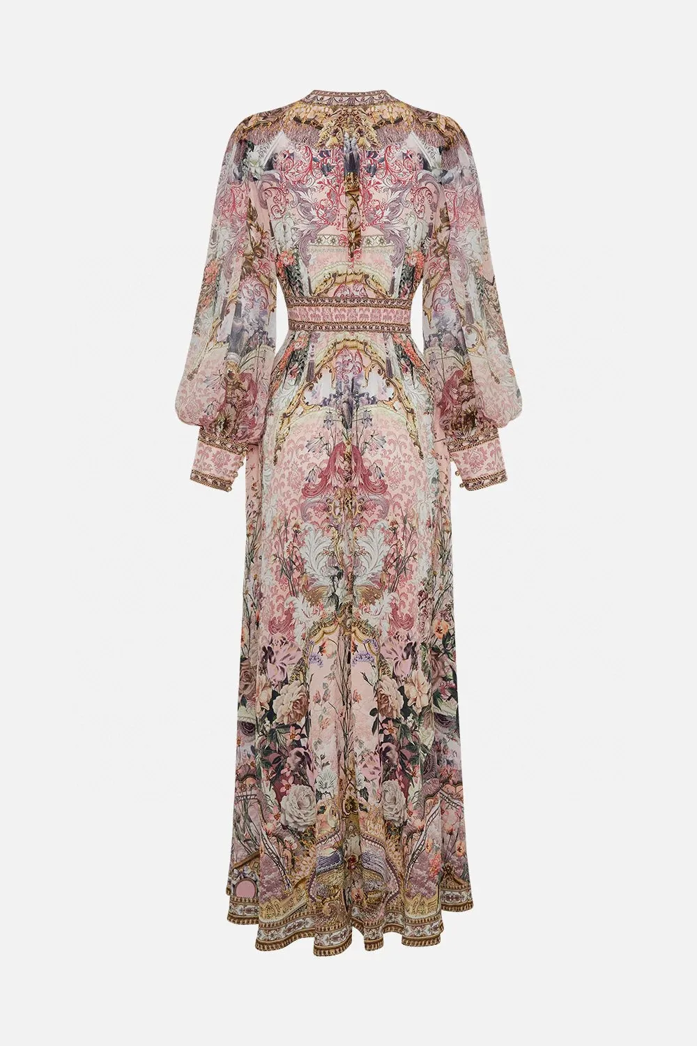 2023 Autumn/Winter New Vintage Pink Flower Pattern Silk Print Gold Button Deep V-Neck Lantern Sleeve Long Dress woman maxi skirt