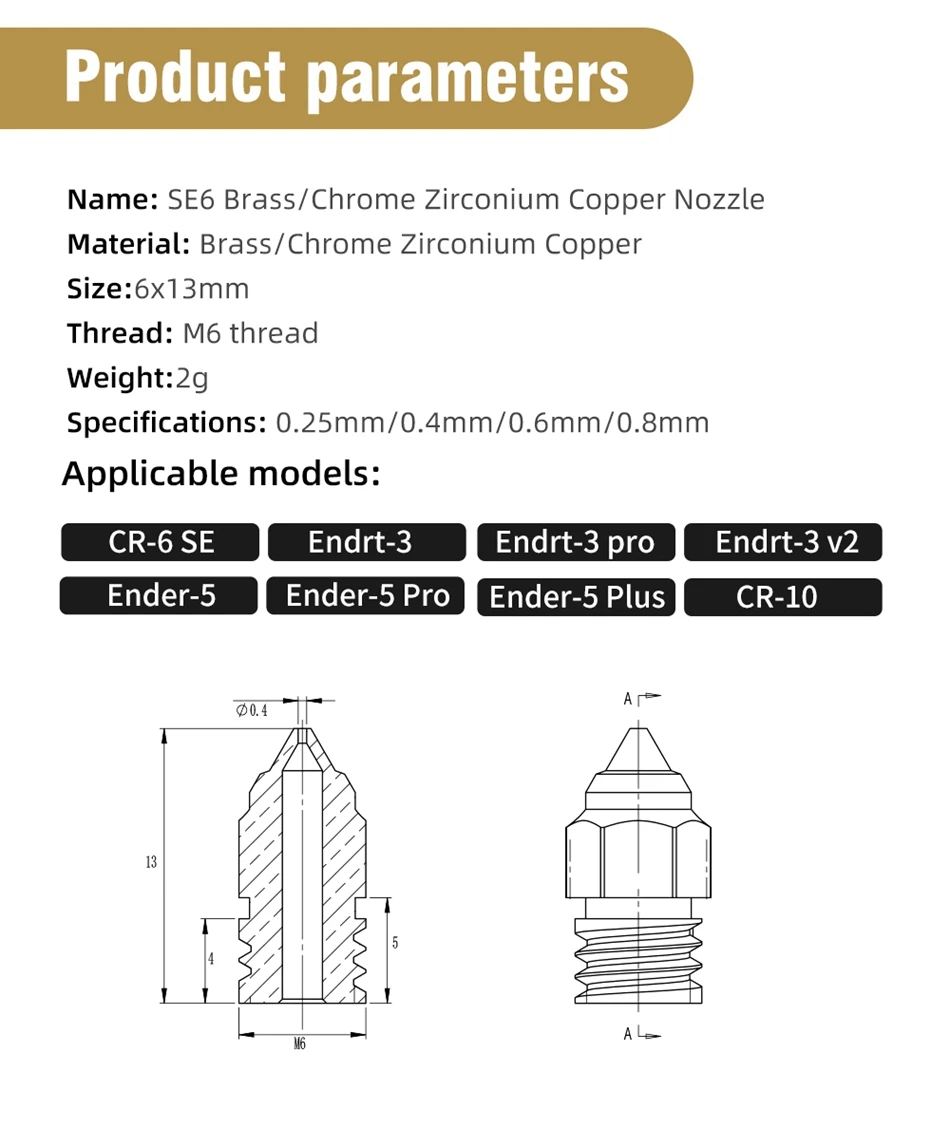 Description Picture 3 of itemHigh Quality CR6 SE Nozzle MK8 Brass/Copper Plated Sharp M6 Thread Nozzles 0.25/0.4/0.6/0.8mm For CR6 SE Ender 3 S1 3D Printer