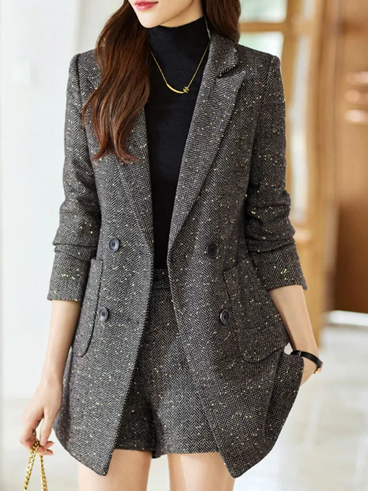 Description Picture 6 of itemCasual Short Sets for Women Long Sleeve Streetwear Vintage Two Piece Plaid Pockets Slim 2023 New Autumn Winter Sets Coats