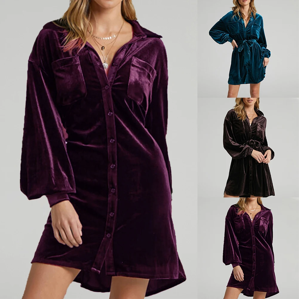 Description Picture 2 of itemFashion Women's Velvet Dress Single Breasted Pockets Long Sleeve Evening Cocktail Party Ball Gown Shirt Dresses With Belt