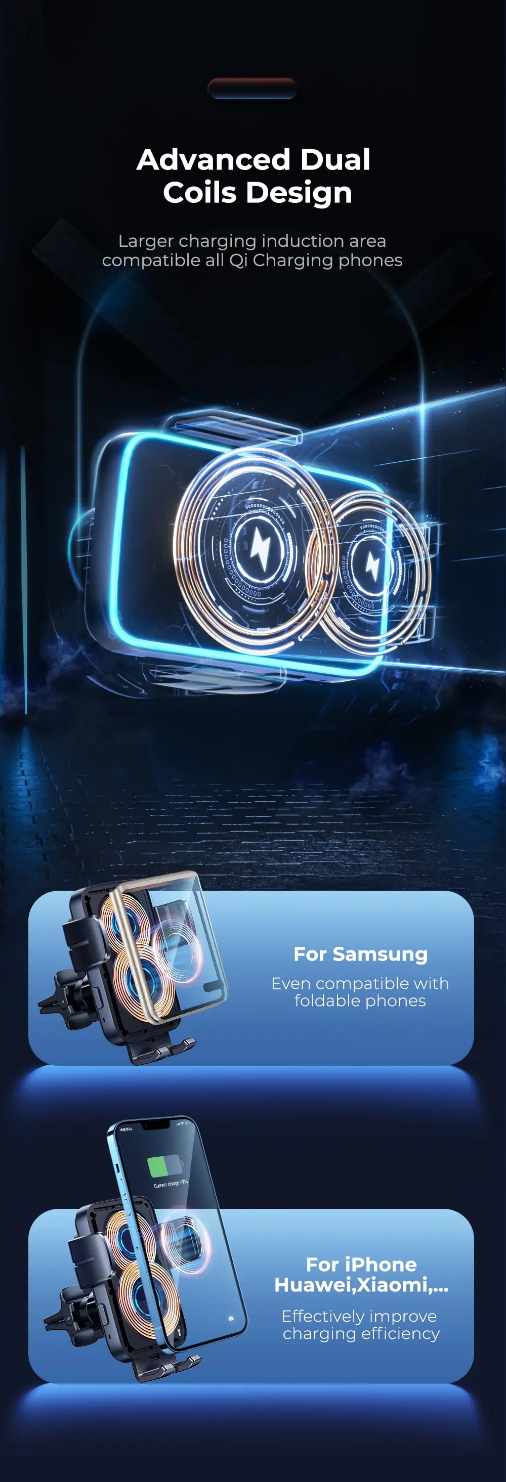 Joyroom Dual Coil Qi 15W Car Phone Holder Mount Wireless Charging Automatic Phone Holder For iPhone Foldable Samsung Galaxy
